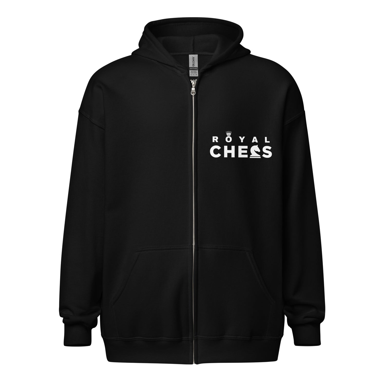 THKS Royal Chess minimalist white graphic design on a Navy Blue Gildan 18600 heavy blend zip-up hoodie.